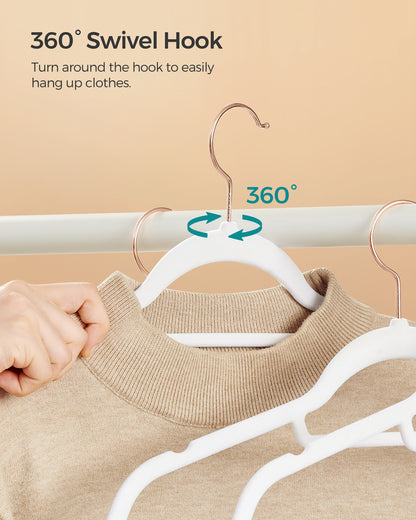 SONGMICS Velvet Hangers, Set of 50 Clothes Hanger with Rose Gold Swivel Hook, and Space-Saving, 17.1-Inch Long Cloud White