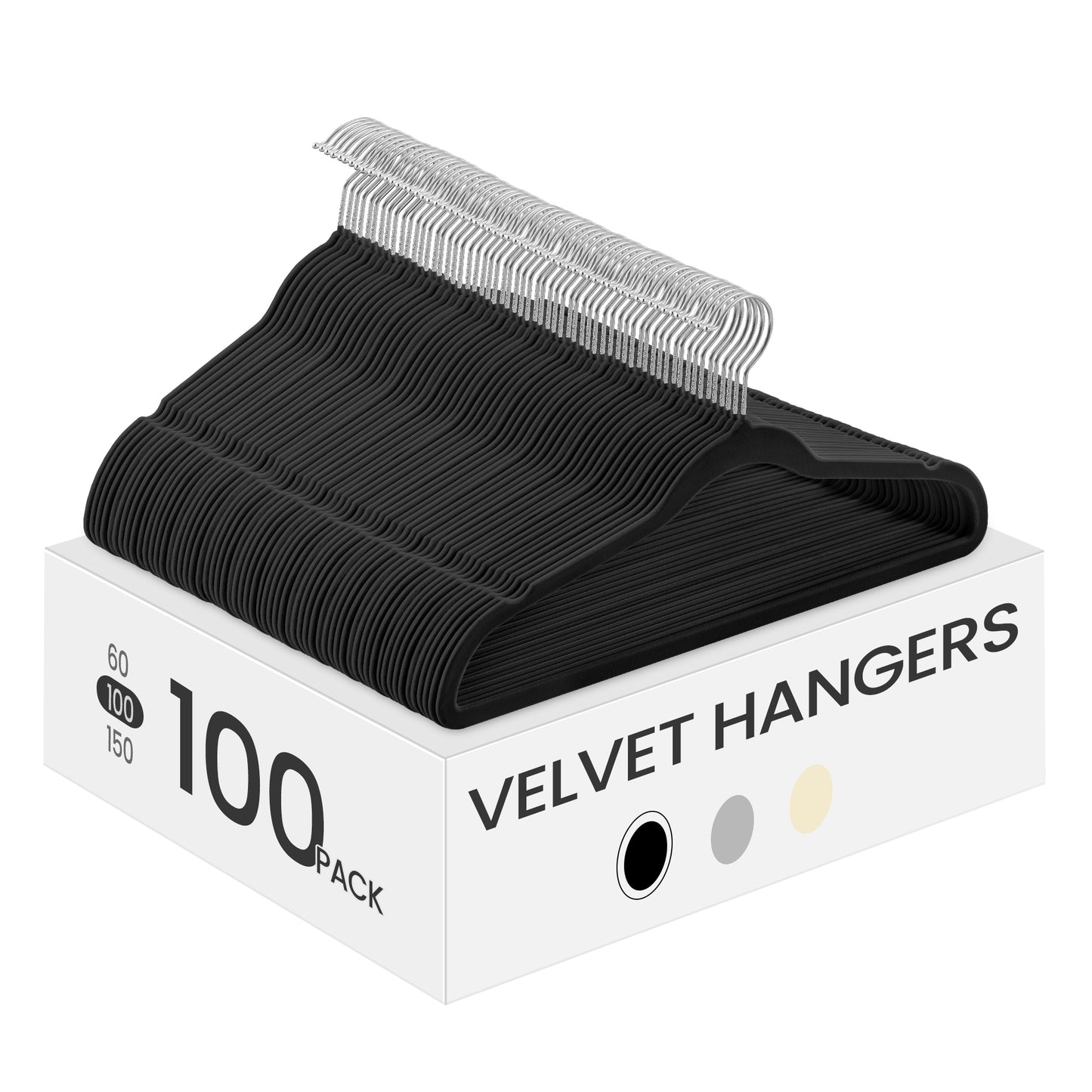 Velvet Hangers 100 Pack, Non-Slip Clothes Hangers with Silver-Colored Swivel Hooks, Slim Space-Saving for Closet, Heavy-Duty, Black