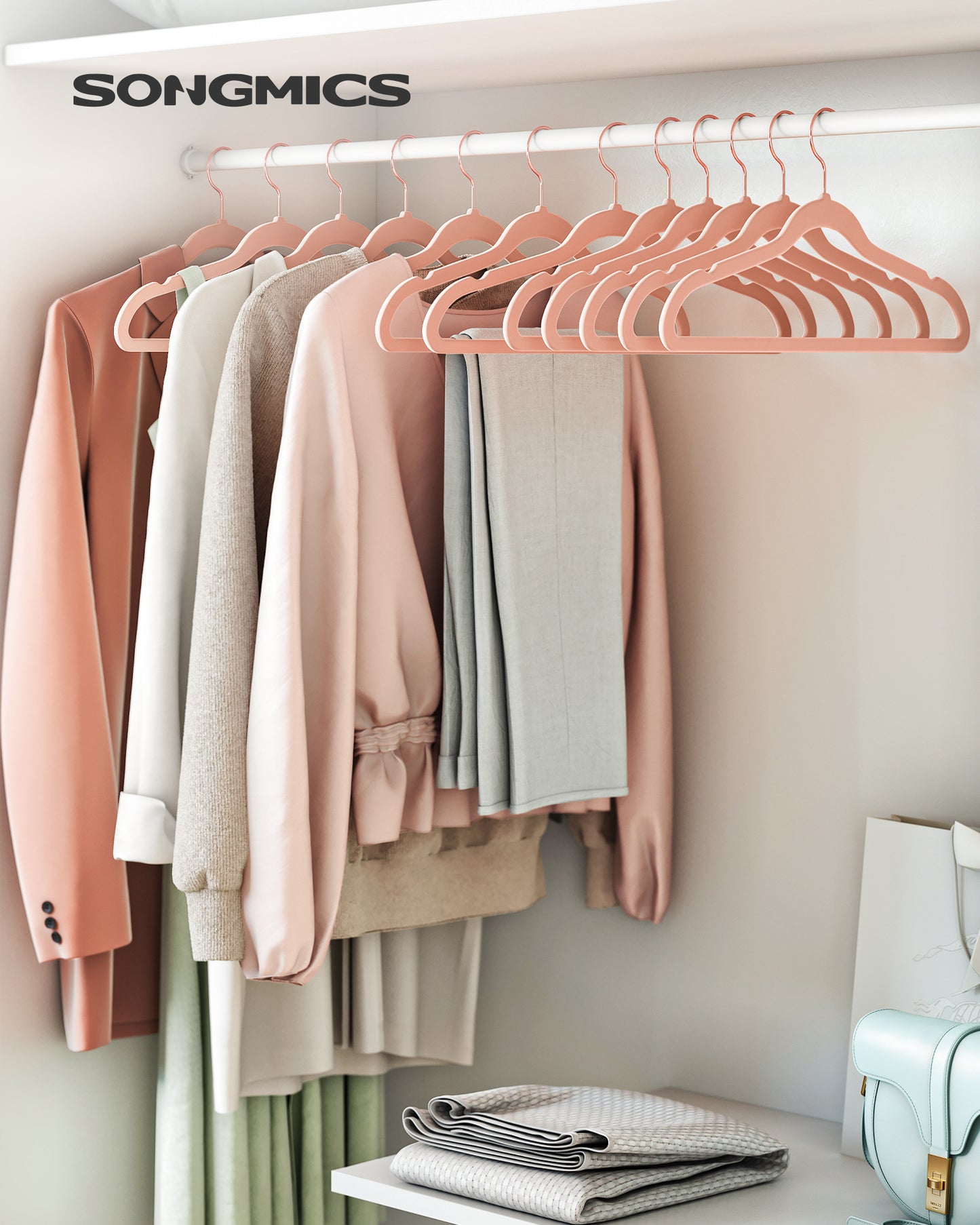 SONGMICS Velvet Hangers 50 Pack, Non-Slip Hangers with Rose Gold-Colored Swivel Hooks, Slim Space-Saving Hangers Pink