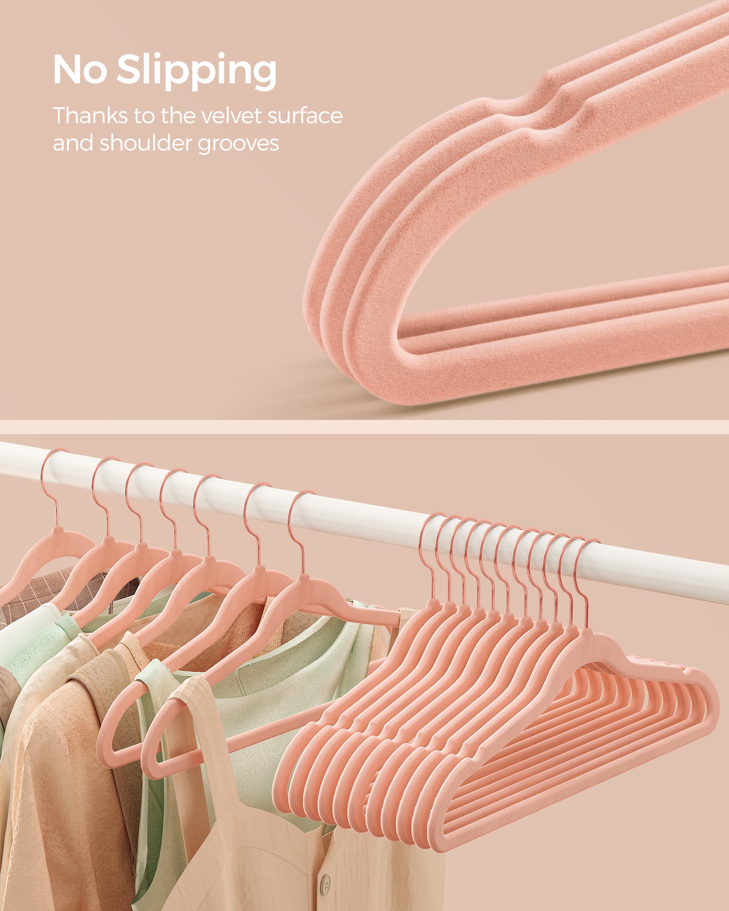 SONGMICS Velvet Hangers 50 Pack, Non-Slip Hangers with Rose Gold-Colored Swivel Hooks, Slim Space-Saving Hangers Pink