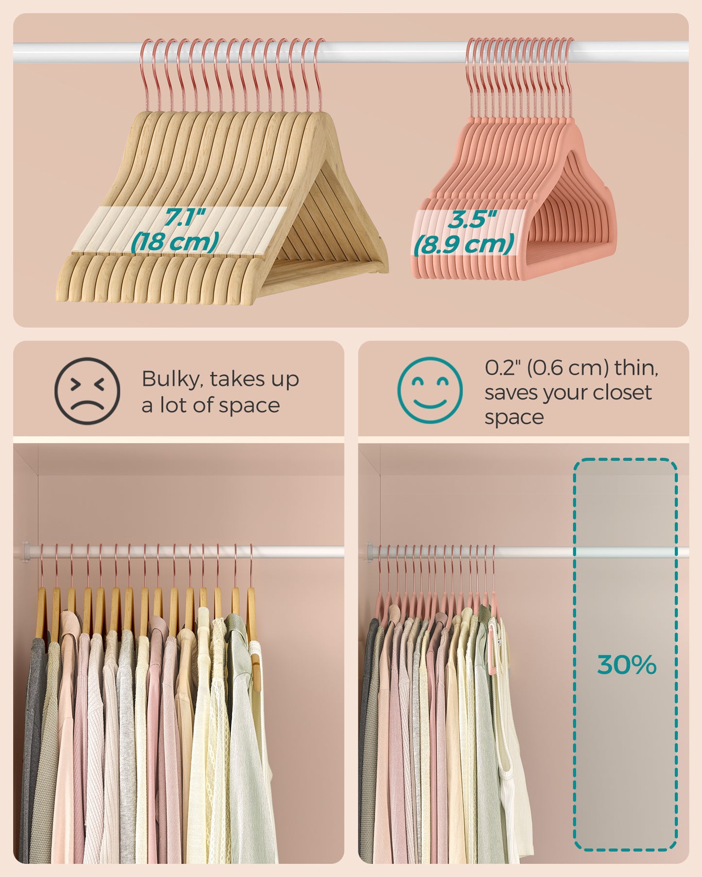 SONGMICS Velvet Hangers 50 Pack, Non-Slip Hangers with Rose Gold-Colored Swivel Hooks, Slim Space-Saving Hangers Pink