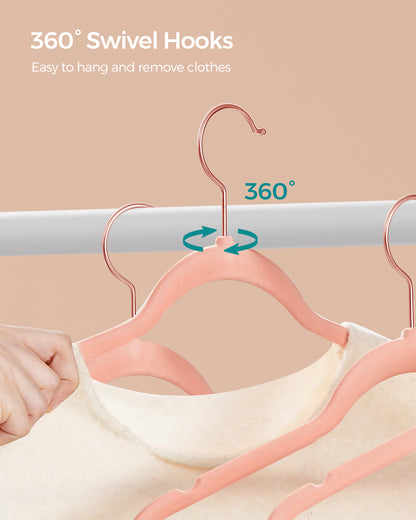 SONGMICS Velvet Hangers 50 Pack, Non-Slip Hangers with Rose Gold-Colored Swivel Hooks, Slim Space-Saving Hangers Pink