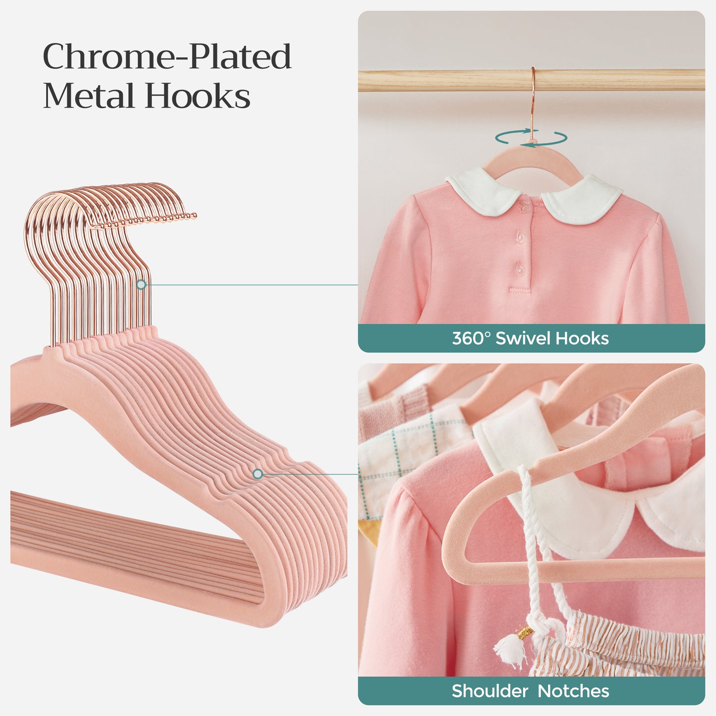 SONGMICS Baby Hangers 50 Pack, Kids Hangers for Closet, Swivel Hooks, Space-Saving Clothes Hangers, Velvet Hangers for Nursery, Non-Slip, Jelly Pink