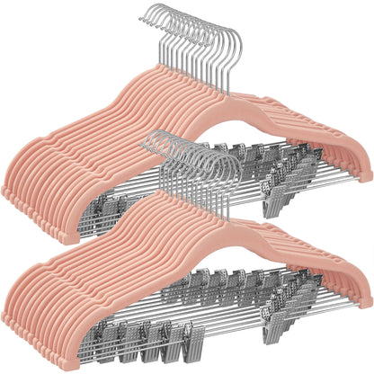 SONGMICS 30-Pack Pants Hangers, 16.7-Inch Long Velvet Hangers with Adjustable Clips, Heavy-Duty, Non-Slip Skirt Hangers, Space-Saving for Pants, Skirts, Coats, Dresses, Light Pink