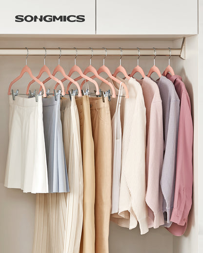 SONGMICS 30-Pack Pants Hangers, 16.7-Inch Long Velvet Hangers with Adjustable Clips, Heavy-Duty, Non-Slip Skirt Hangers, Space-Saving for Pants, Skirts, Coats, Dresses, Light Pink