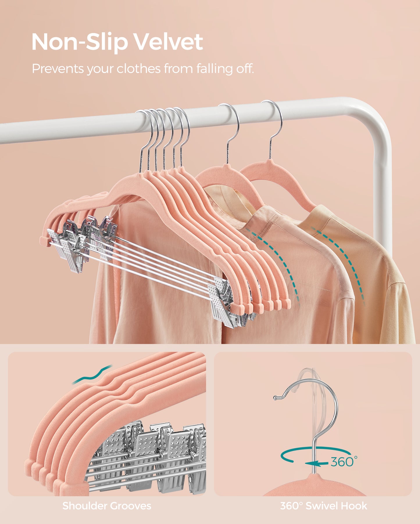 SONGMICS 30 Pack Skirt Pants Hangers Velvet Clips Hangers with Adjustable Clips Non-Slip Pink
