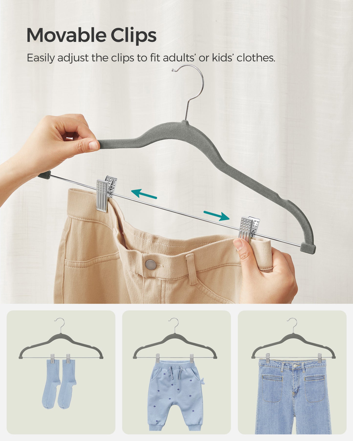 SONGMICS 30 Pack Skirt Pants Hangers Velvet Clips Hangers with Adjustable Clips Non-Slip Greyv