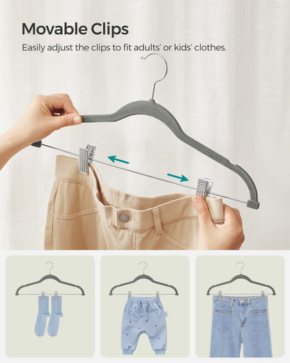 SONGMICS 30 Pack Skirt Pants Hangers Velvet Clips Hangers with Adjustable Clips Non-Slip Greyv