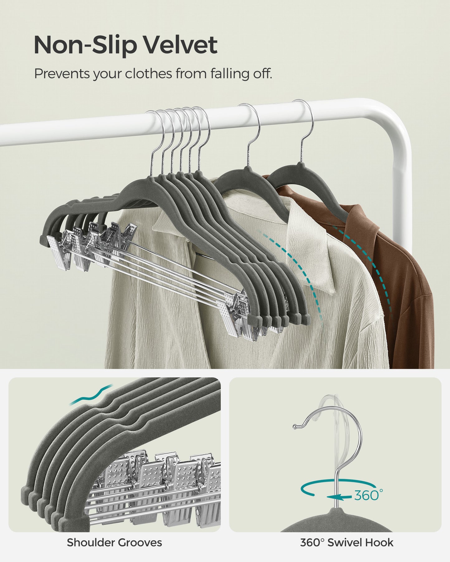 SONGMICS 30 Pack Skirt Pants Hangers Velvet Clips Hangers with Adjustable Clips Non-Slip Greyv