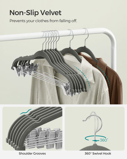 SONGMICS 30 Pack Skirt Pants Hangers Velvet Clips Hangers with Adjustable Clips Non-Slip Greyv