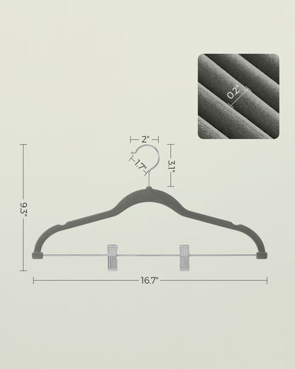 SONGMICS 30 Pack Skirt Pants Hangers Velvet Clips Hangers with Adjustable Clips Non-Slip Greyv