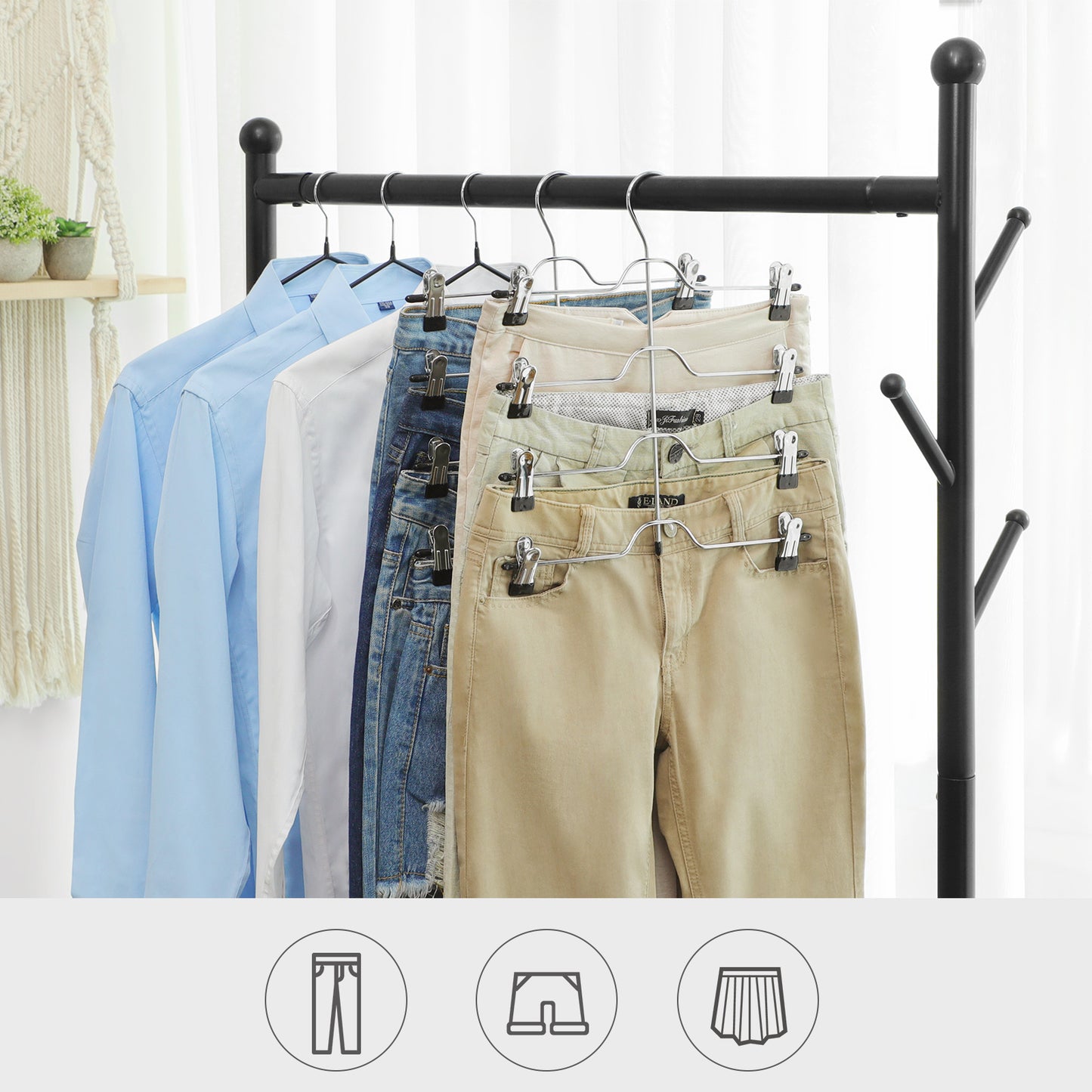 Pants Hangers, Set of 3, 4 Tiers Non-Slip Skirt Hangers, Space Saving Pants Organizers, for Closet, Silver and Black