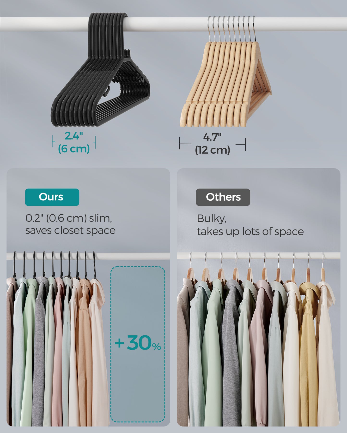 SONGMICS Plastic Hangers 30 Pack, Space-Saving Clothes Hangers, Lightweight Hangers, for Pants, Coats, Dresses, Black