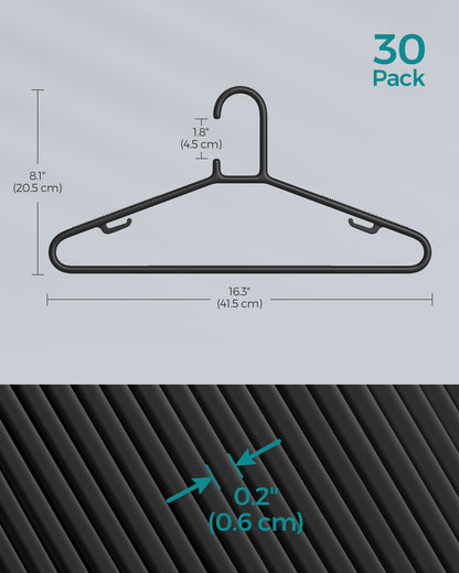 SONGMICS Plastic Hangers 30 Pack, Space-Saving Clothes Hangers, Lightweight Hangers, for Pants, Coats, Dresses, Black