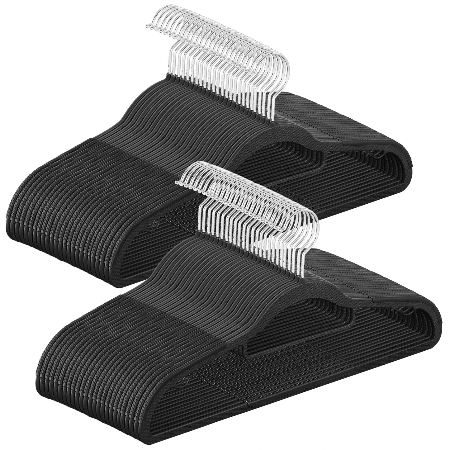 SONGMICS Pack of 50 Coat Hangers, Heavy-Duty Plastic Hangers, Non-Slip, Space-Saving Clothes Hangers, 0.2 Inches Slim, 16.5 Inches Wide, 360° Swivel Silver Hook, Black