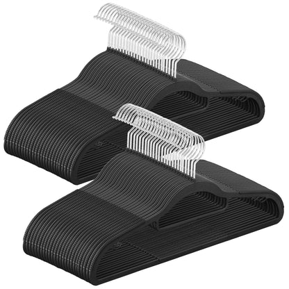 SONGMICS Pack of 50 Coat Hangers, Heavy-Duty Plastic Hangers, Non-Slip, Space-Saving Clothes Hangers, 0.2 Inches Slim, 16.5 Inches Wide, 360° Swivel Silver Hook, Black