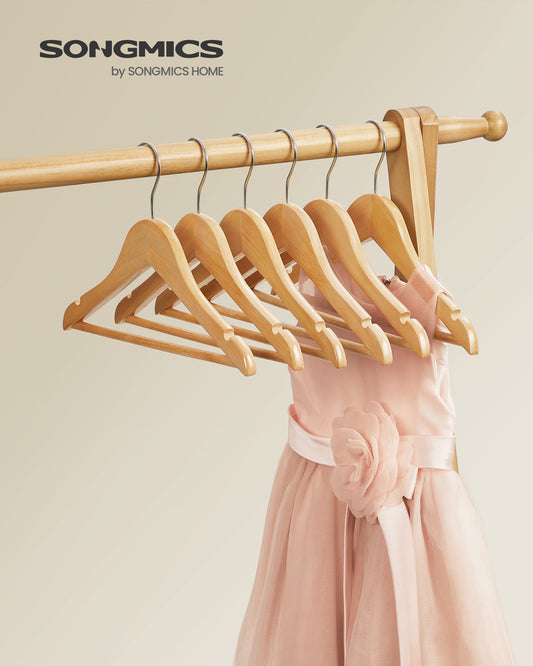 10-Pack Kids Wooden Hangers with Pants Bar & Swivel Hook, 12.6 x 7.5 Inch Children's Closet Organizers with Shoulder Notches, Natural and Silver