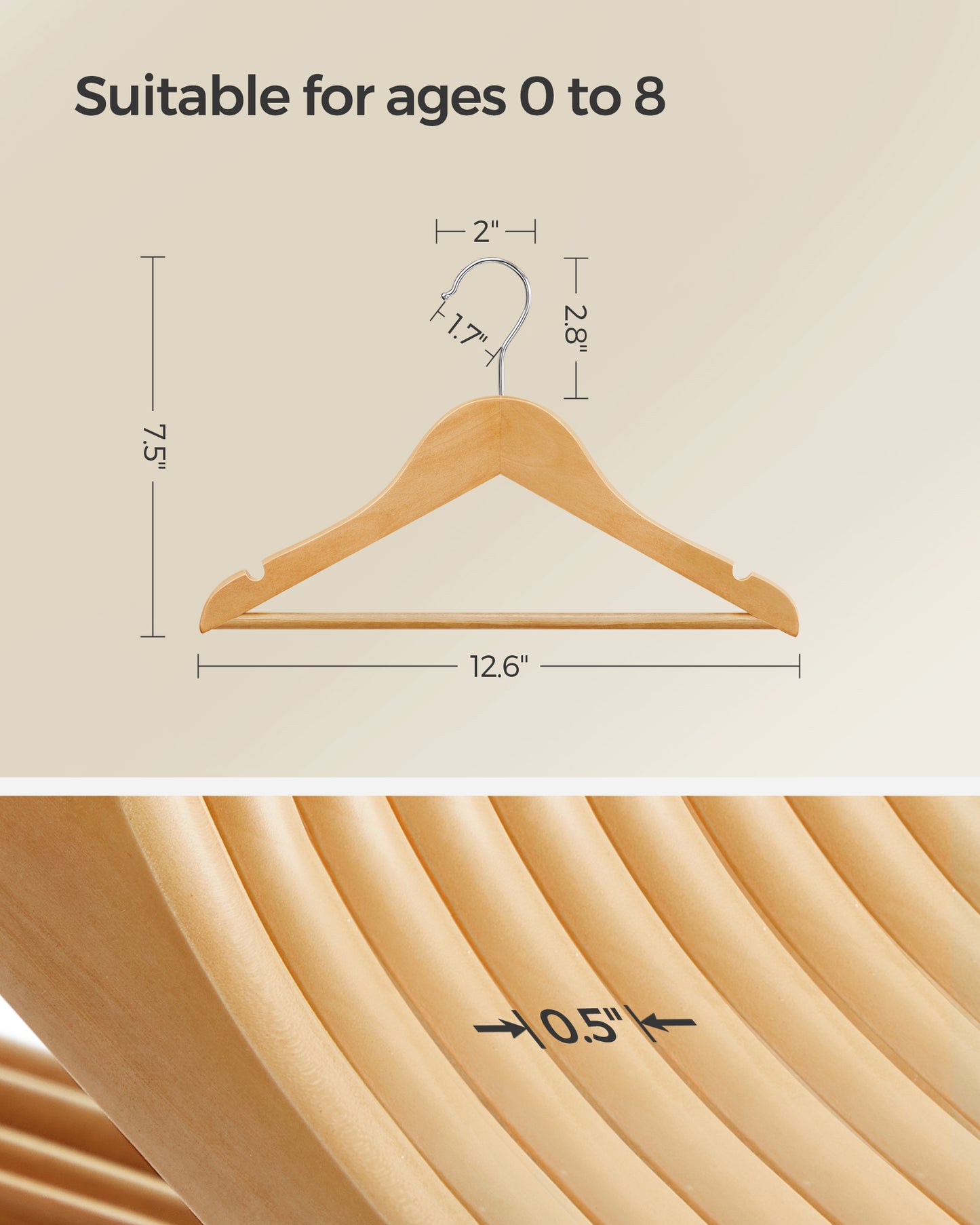 10-Pack Kids Wooden Hangers with Pants Bar & Swivel Hook, 12.6 x 7.5 Inch Children's Closet Organizers with Shoulder Notches, Natural and Silver