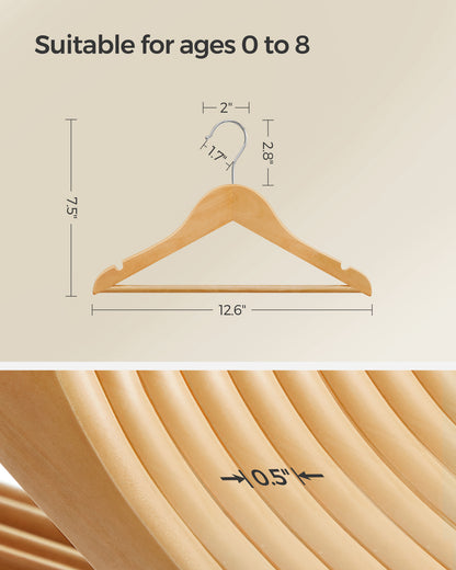 10-Pack Kids Wooden Hangers with Pants Bar & Swivel Hook, 12.6 x 7.5 Inch Children's Closet Organizers with Shoulder Notches, Natural and Silver