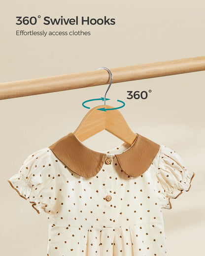 10-Pack Kids Wooden Hangers with Pants Bar & Swivel Hook, 12.6 x 7.5 Inch Children's Closet Organizers with Shoulder Notches, Natural and Silver