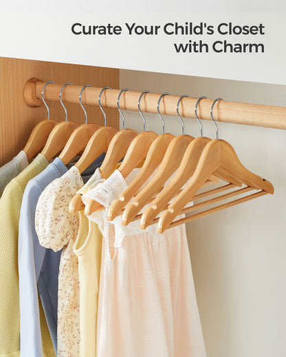 10-Pack Kids Wooden Hangers with Pants Bar & Swivel Hook, 12.6 x 7.5 Inch Children's Closet Organizers with Shoulder Notches, Natural and Silver