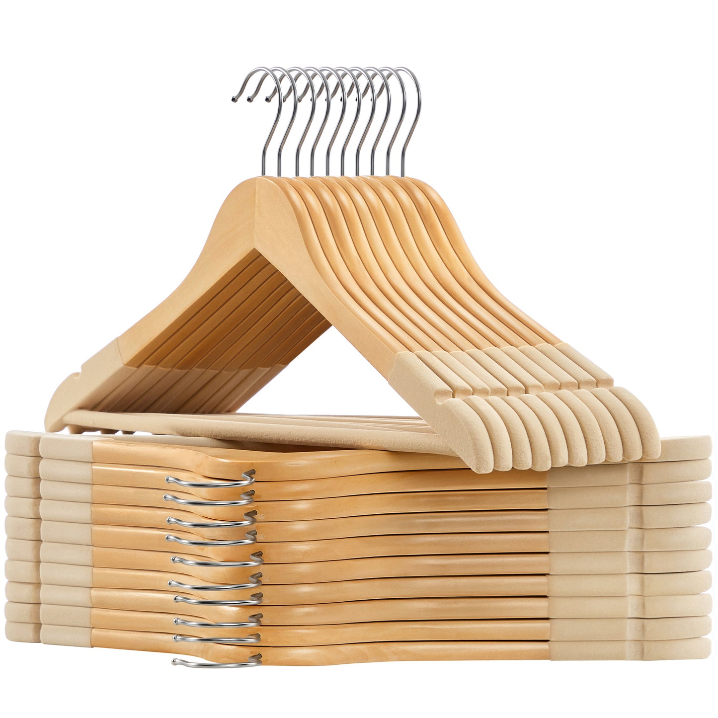 20 Pack Velvet Wooden Hangers with Velvet Surface Non-Slip Coat Hangers with 360° Swivel Hook for Jackets Shirts Natural
