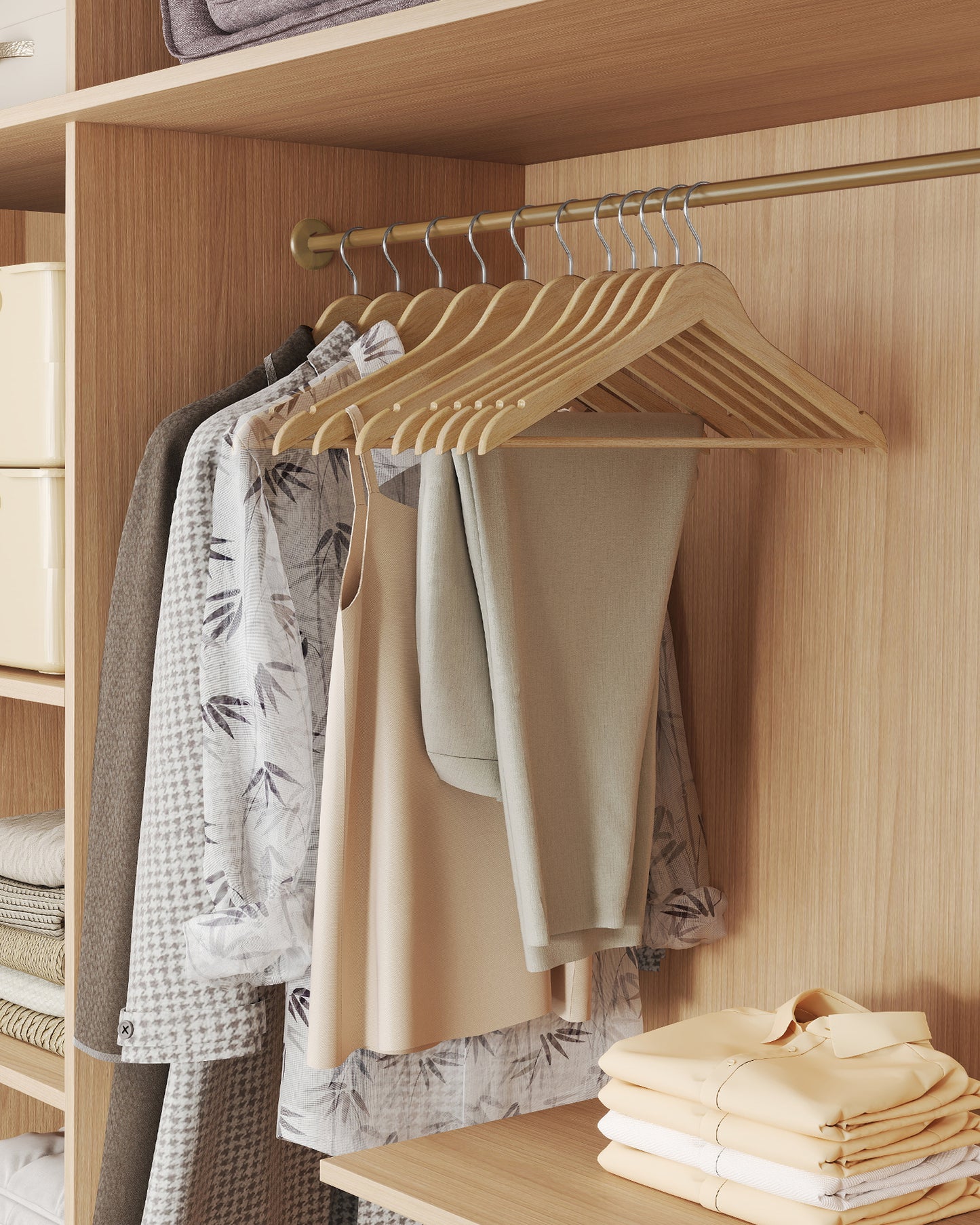20-Pack Solid Birch Wood Hangers with 360¡ã Swivel Hooks & Pants Bar, Space-Saving Closet Organizers, Natural Beige
