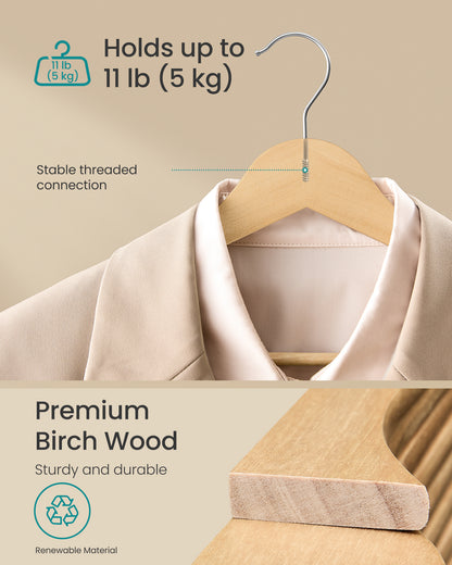 20-Pack Solid Birch Wood Hangers with 360¡ã Swivel Hooks & Pants Bar, Space-Saving Closet Organizers, Natural Beige