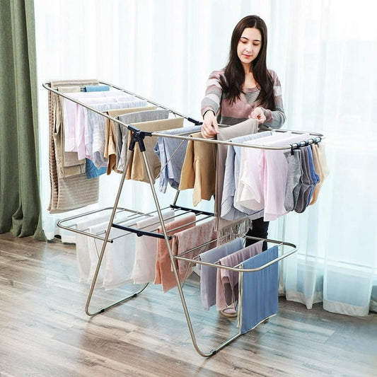 Clothes Drying Rack Foldable with Height-Adjustable Wings 33 Drying Rails Sock Clips Silver and Blue