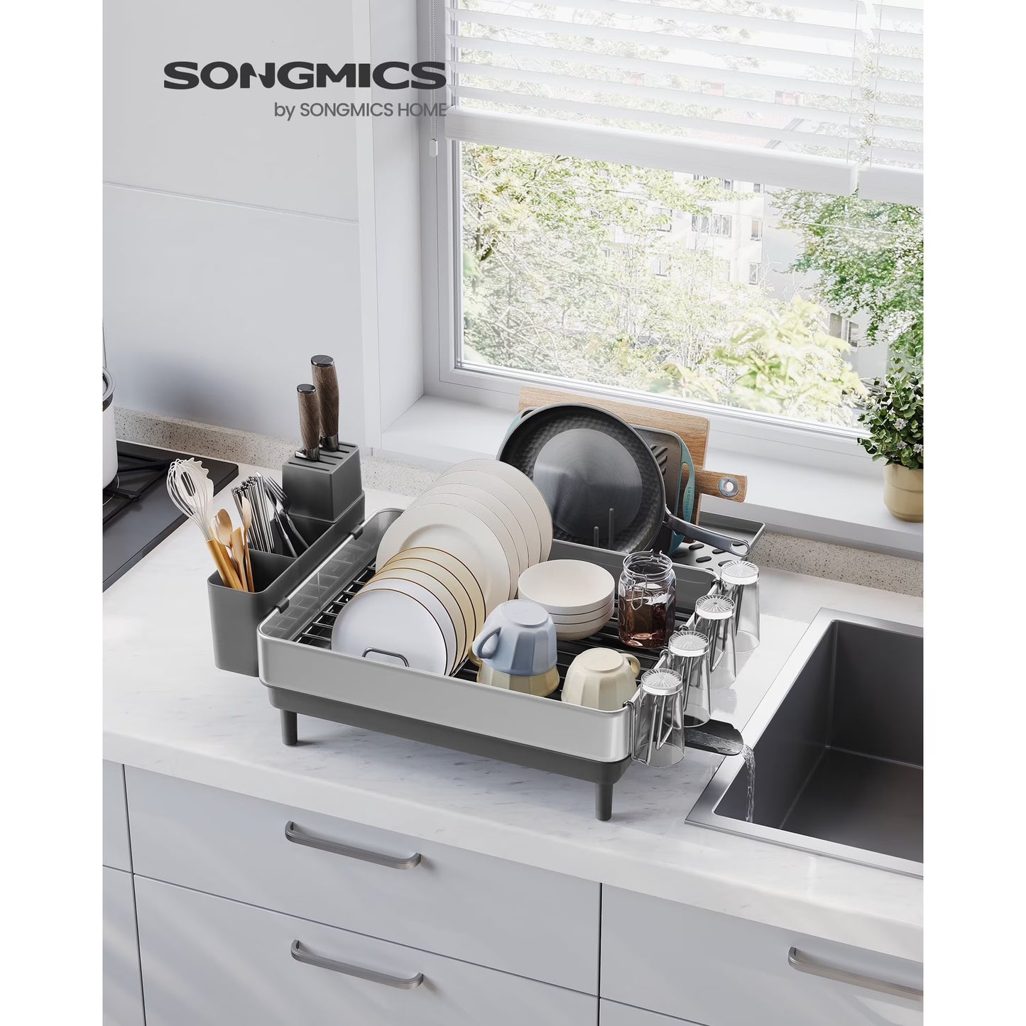Expandable Dish Drying Rack, Stainless Steel Dish Dryer with Rotatable Spout, Utensil/Cup/Cutting Board Holder, Adjustable Drainage, Silver & Gray