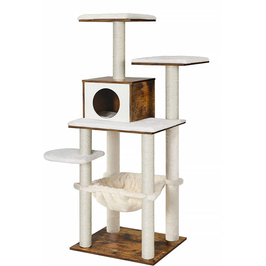 FEANDREA Cat Tree, 54.3-Inch Cat Tower with Scratching Posts, Hammock, Cat Cave, Padded Perches, Wooden Cat Condo