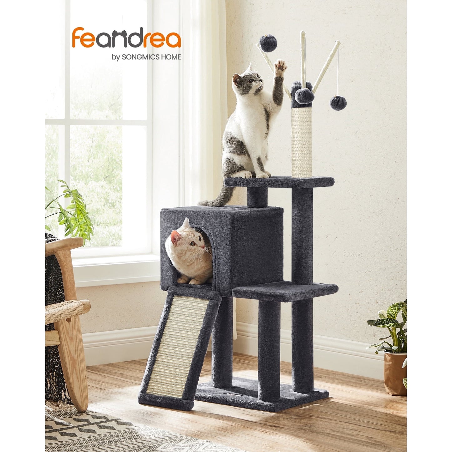 Feandrea Small Cat Tree, Multi-Level Plush Cat Condo for Indoor Cats and Kittens, 46.5 Inches, Smoky Gray