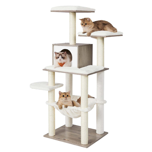 Feandrea WoodyWonders Cat Tree - Modern 54.3-Inch Multi-Level Cat Tower, Ultra-Soft Plush, Heather Greige