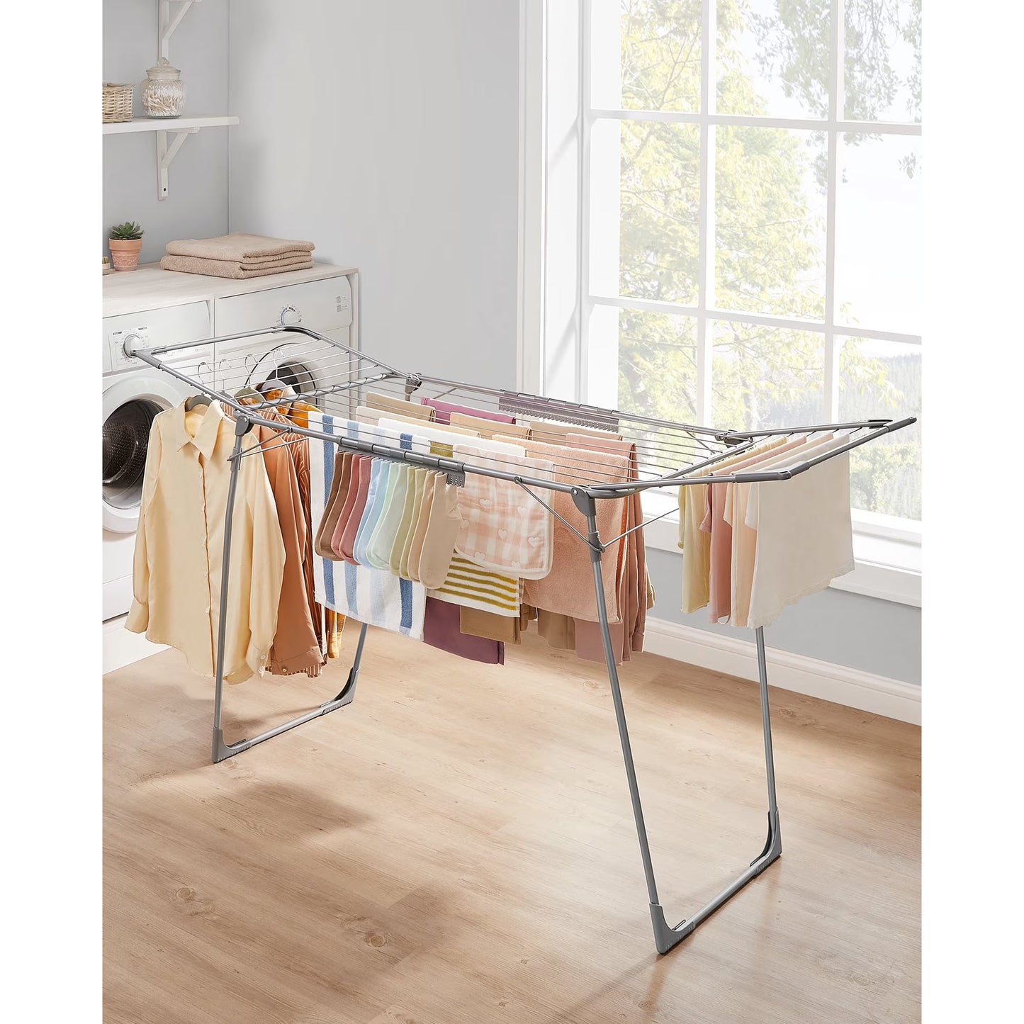 Foldable Gullwing Metal Structure Laundry Drying Rack, Space-Saving Clothes Drying Rack, 22.2 x 68.1 x 38 Inches, with Sock Clips Gray