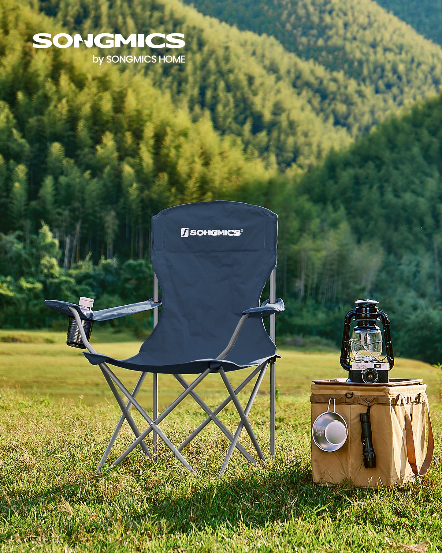 SONGMICS Set of 2 Folding Camping Chairs, Comfortable, Heavy Duty Structure, Max. Load Capacity 330 lb, Outdoor Chair with Cup Holder, for Camping, Garden, Fishing, Terrace, Twilight Blue