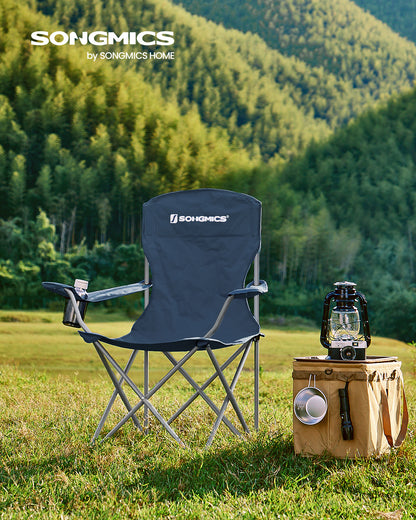 SONGMICS Set of 2 Folding Camping Chairs, Comfortable, Heavy Duty Structure, Max. Load Capacity 330 lb, Outdoor Chair with Cup Holder, for Camping, Garden, Fishing, Terrace, Twilight Blue
