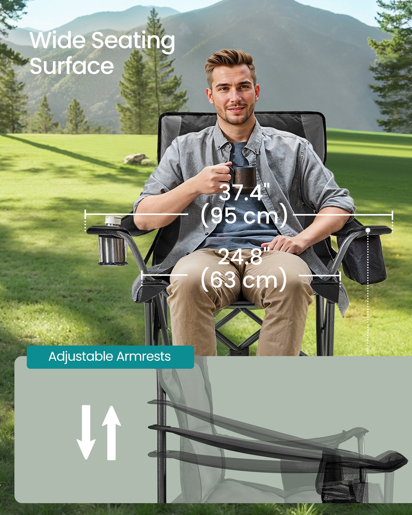 Oversized Lumbar Support Camping Chair, Heavy-Duty Outdoor Folding Chair Comfortable, Padded, Glamping, Cooler Bag, Weight Capacity 450 lb, Ink Black