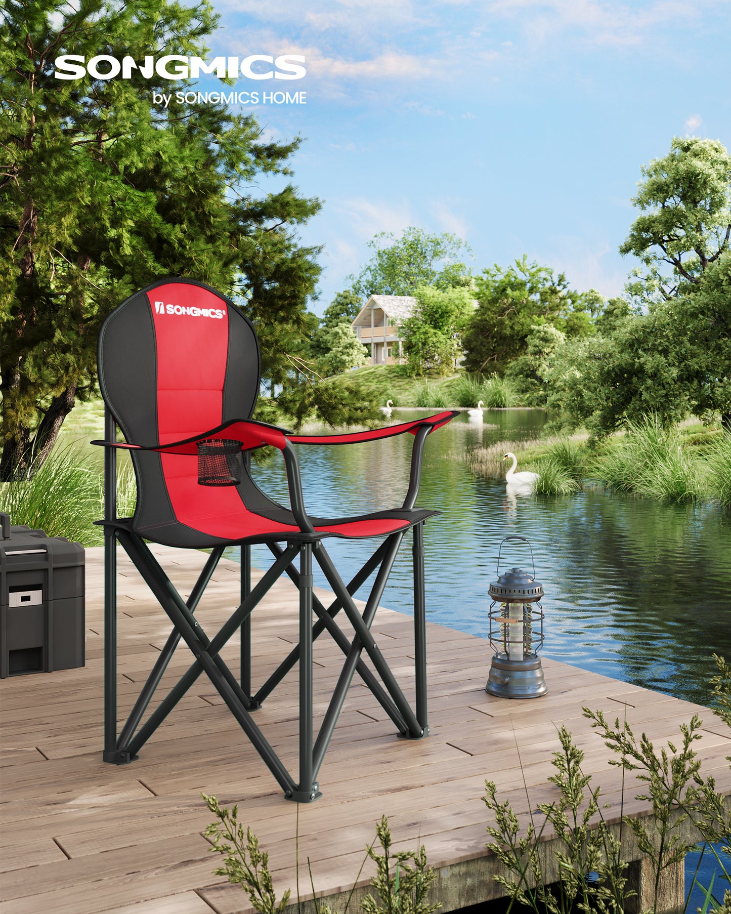 Folding Camping Chair, with Comfortable Sponge Seat, Cup Holder, Heavy Duty Structure, Outdoor Picnic Chair, Red