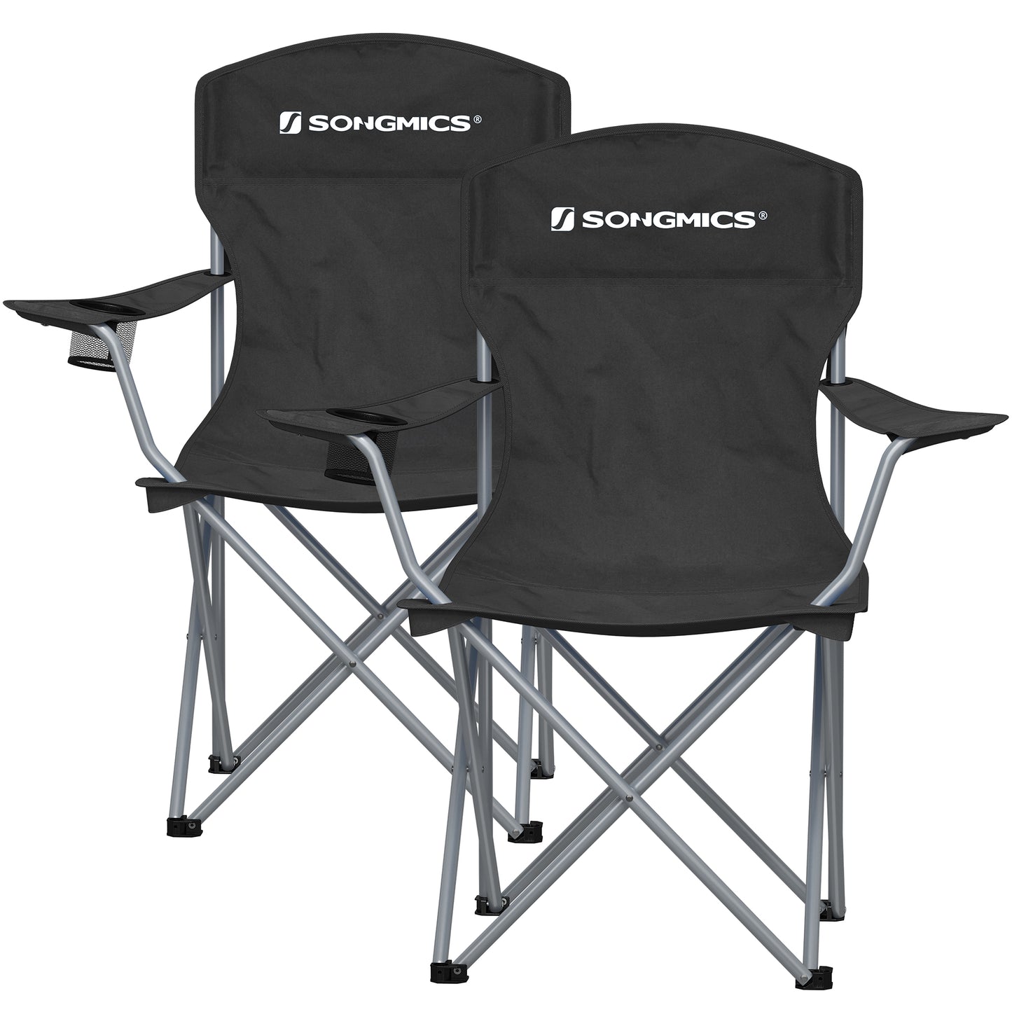 SONGMICS Set of 2 Folding Camping Chairs, Comfortable, Heavy Duty Structure, Max. Load Capacity 330 lb, Outdoor Chair with Cup Holder, Terrace, Black