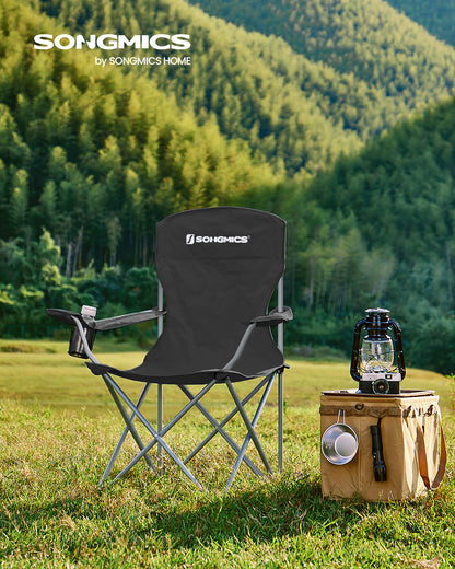 SONGMICS Set of 2 Folding Camping Chairs, Comfortable, Heavy Duty Structure, Max. Load Capacity 330 lb, Outdoor Chair with Cup Holder, Terrace, Black