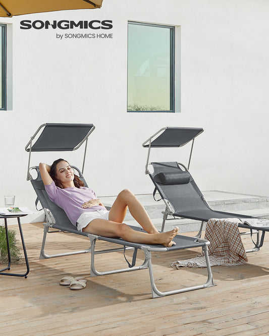 Folding Sun Lounger Chair with Adjustable Canopy & Backrest, 330 lb Capacity Portable Pool Chaise for Outdoor Garden, Dark Gray