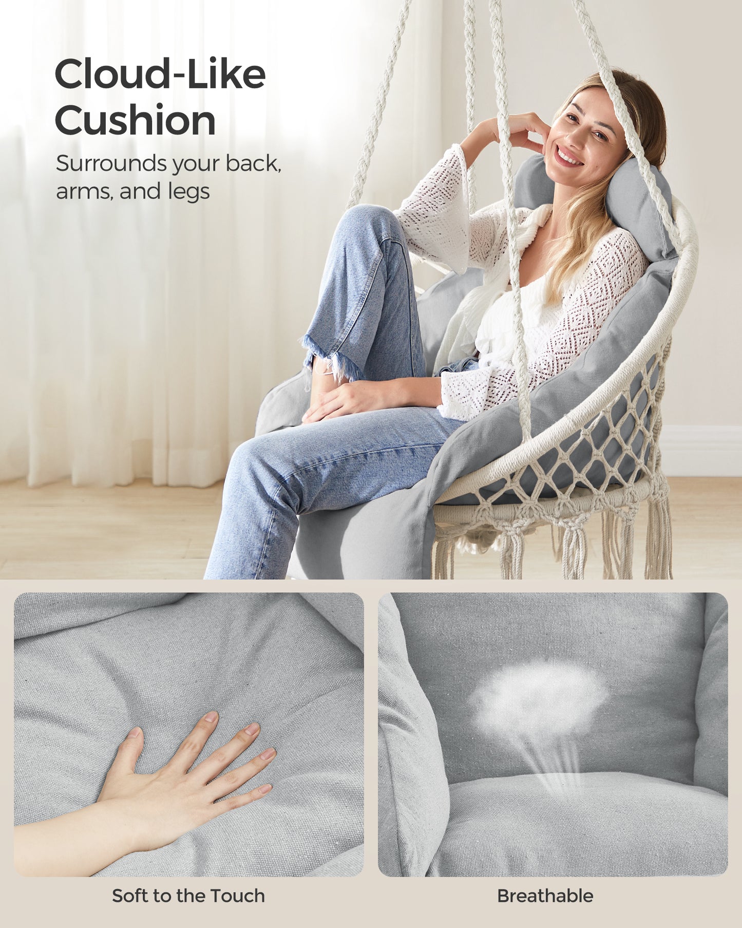 SONGMICS Hanging Chair, Hammock Chair with Large, Thick Cushion, Boho Swing Chair Cloud White and Gray