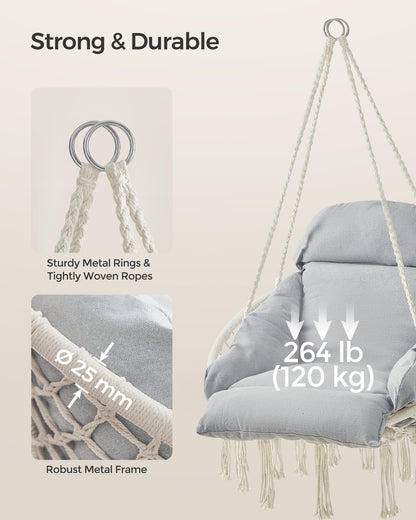 SONGMICS Hanging Chair, Hammock Chair with Large, Thick Cushion, Boho Swing Chair Cloud White and Gray