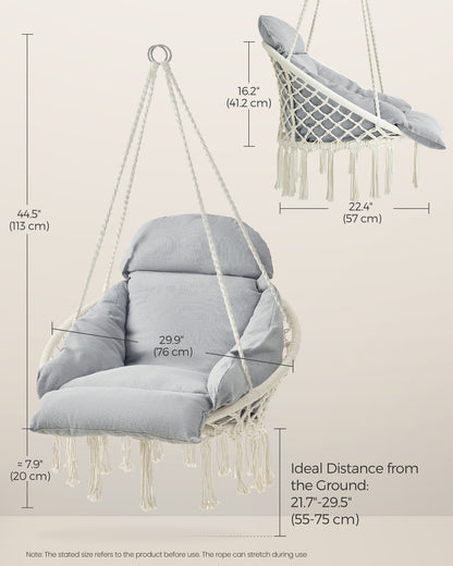 SONGMICS Hanging Chair, Hammock Chair with Large, Thick Cushion, Boho Swing Chair Cloud White and Gray