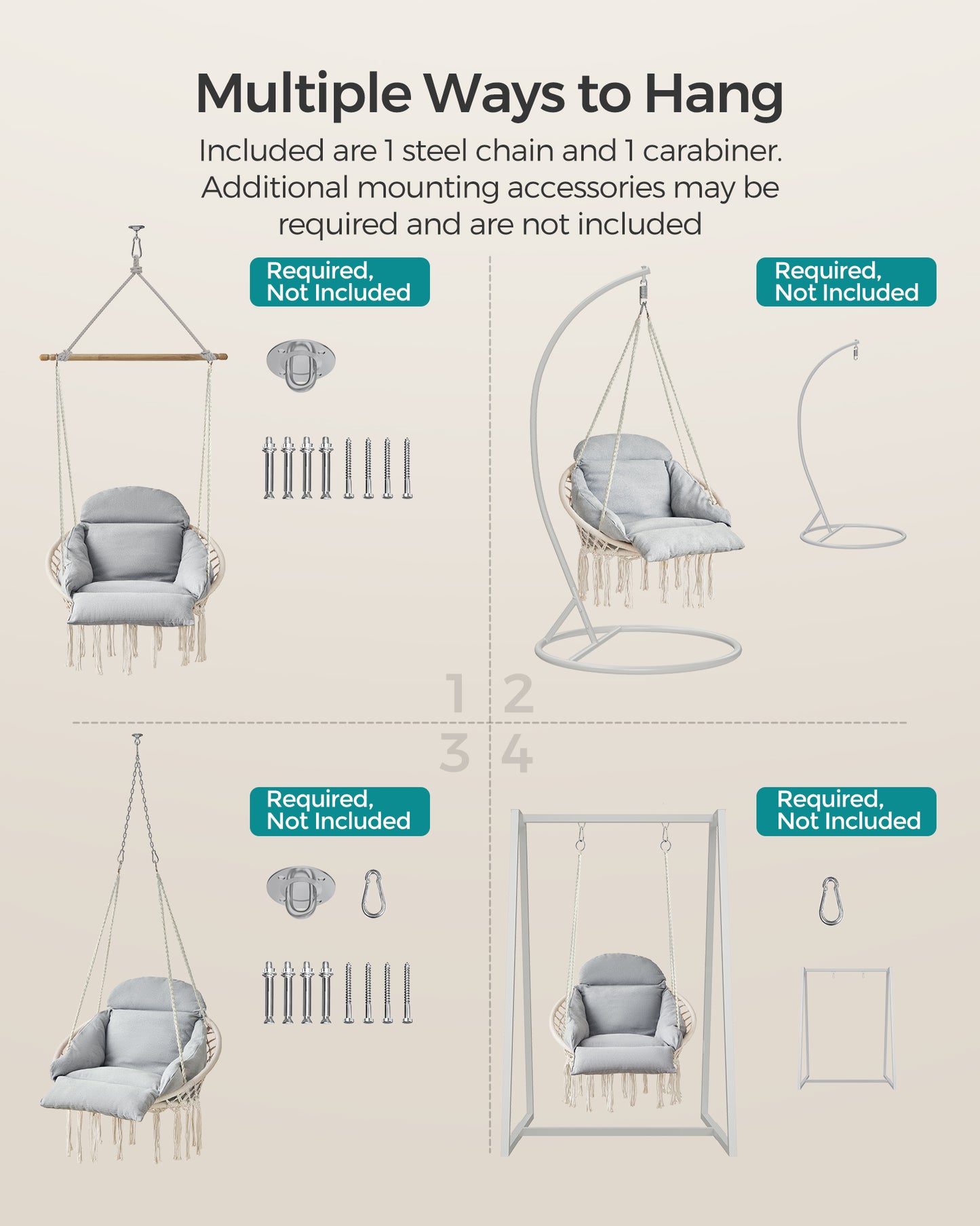 SONGMICS Hanging Chair, Hammock Chair with Large, Thick Cushion, Boho Swing Chair Cloud White and Gray