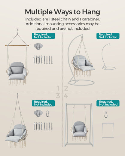 SONGMICS Hanging Chair, Hammock Chair with Large, Thick Cushion, Boho Swing Chair Cloud White and Gray