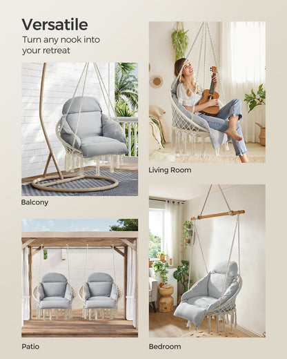 SONGMICS Hanging Chair, Hammock Chair with Large, Thick Cushion, Boho Swing Chair Cloud White and Gray