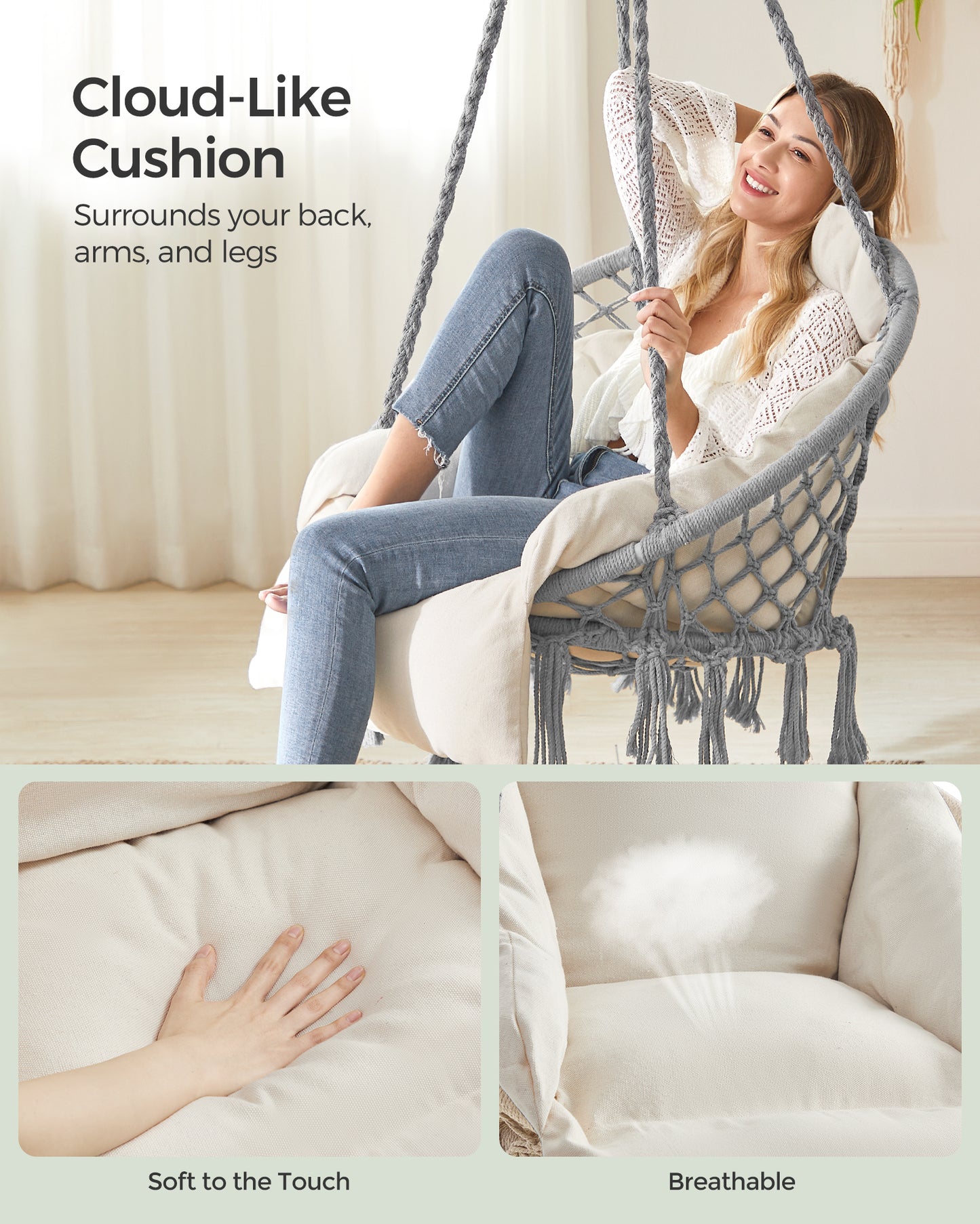 SONGMICS Hanging Chair, Hammock Chair with Large, Thick Cushion, Boho Swing Chair Gray and Cloud White