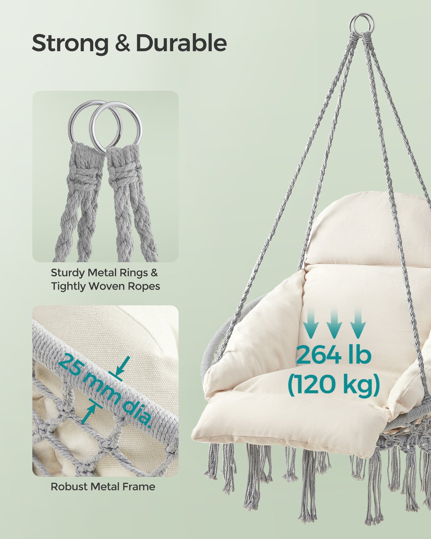 SONGMICS Hanging Chair, Hammock Chair with Large, Thick Cushion, Boho Swing Chair Gray and Cloud White