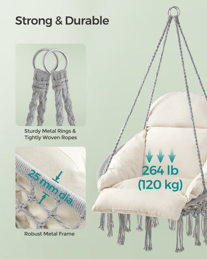 SONGMICS Hanging Chair, Hammock Chair with Large, Thick Cushion, Boho Swing Chair Gray and Cloud White